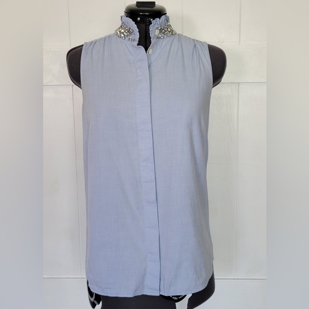 J. Crew Women's Cotton Chambray Denim Short Sleeve Blouse Rhinestone Sz 00
